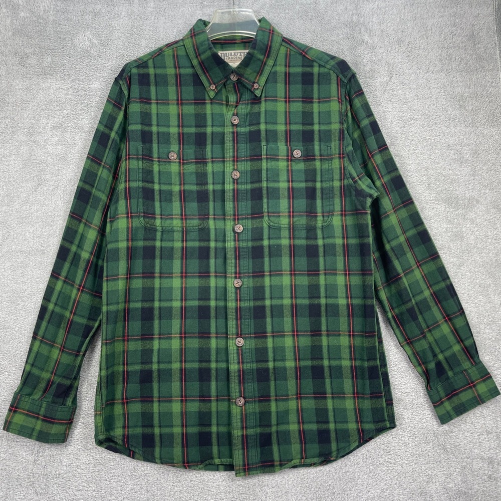 Duluth Trading Co Button Up Shirt Mens M Green Plaid Flannel Long Sleeve Trim